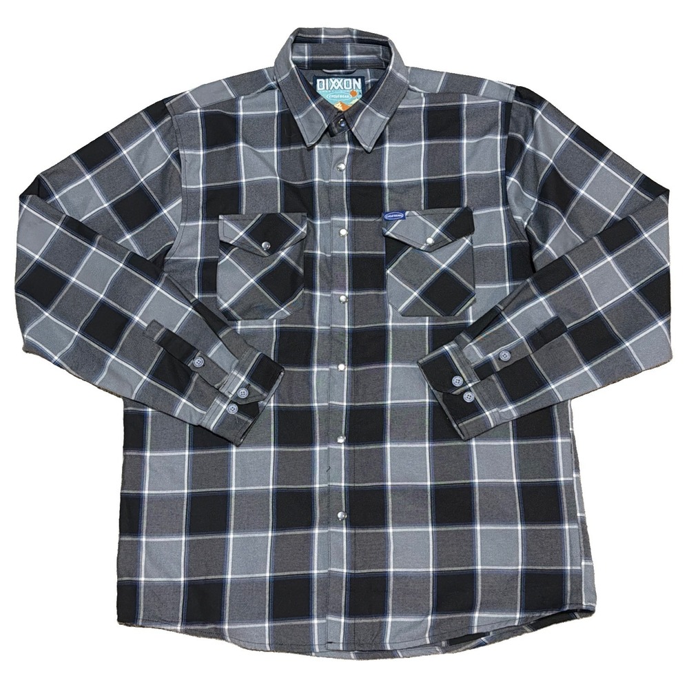 Dixxon x Cycle Gear Flannel Shirt Mens Large L Gray Blue Plaid Pearl Snap